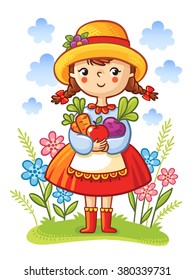 Girl with vegetables in the hands. Cute cartoon vector illustration.