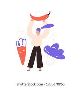 Chica con verduras. Simple ilustración vectorial plana, comida sana, cosecha, carácter con verduras. Pimienta, zanahoria, col.  Chica con verduras aisladas en un fondo blanco.
