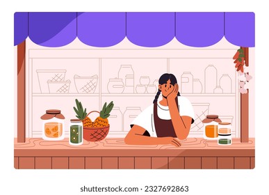 Girl vendor standing behind market stall at local farm marketplace. Woman selling eco products, home-made natural jams in jars, organic fresh food at counter, kiosk. Flat vector illustration