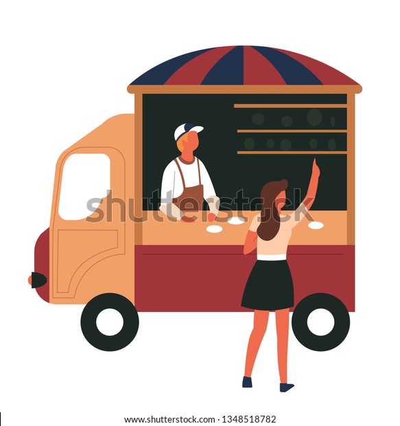 Girl and vendor street food truck isolated\
vehicle vector child buying snack van man in apron seller mobile\
shop or store fastfood dishes or meals and desserts gastronomy or\
catering business