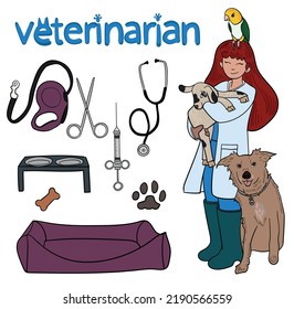 Girl veterinarian with a goat, a dog and a parrot. Set for veterinary clinic.