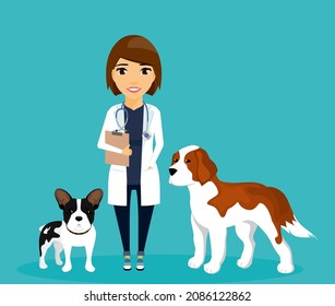 A girl is a veterinarian, standing next to the dogs. Care and health of animals. Flat style on a blue background. Cartoon.