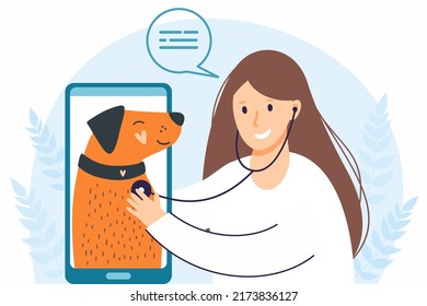 The girl veterinary doctor conducts the reception of the dog through the phone application	