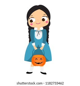 Girl in victorian dress holding pumpkin. Halloween children series.