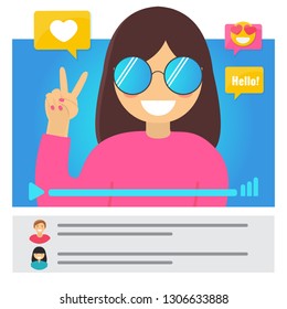 Girl video blogger concept. Popular Young Video Streamer Blogger Girl, Woman. Peace victory symbol hand Fashion Blog. Online Channel. Vector illustration.