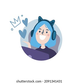 Girl Video gamer or streamer with blue hair sitting at PC and laughing. Flat style, blue and purple colors, design element.