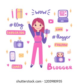 Girl videoblogger with camera and selfie stick. Staff for creating content: laptop, camera, phone, notebook. Isolated on white background, vector.