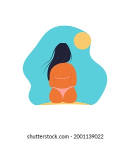 Girl view from the back in a swimsuit sitting, positive body, vector illustration in flat style, cartoon.