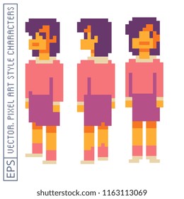 Girl view from the front and side isolated vector illustration. Student in school, pupil pixel art characters. 8-bit. Design for stickers, app, game developers and motion graphics.