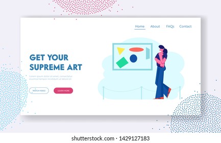 Girl Viewing Modern Abstract Painting at Contemporary Art Gallery Enjoying Watching Creative Exhibits in Museum. Exhibition Website Landing Page, Web Page. Cartoon Flat Vector Illustration, Banner
