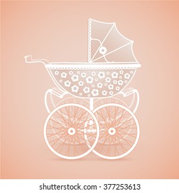 It's a Girl! Vintage baby pram in pink hues on orange background, vector image