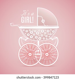 It's a Girl! Vintage baby pram in pink hues on pink background, vector image