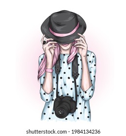 A girl with a vintage camera. Illustration for a postcard or poster. Fashion and style, clothing and accessories. Retro.