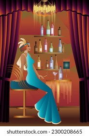 girl in vintage dresses. shelves with alcohol. Vintage art deco style invitation template design for drink list, bar menu, glamorous event, themed wedding, jazz party flyer, etc.