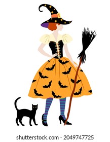 Girl in vintage halloween costume of witch in flat style, color vector illustration on white background.