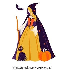 Girl in vintage Halloween costume of a witch, 
cape, broom, pumpkin in flat style, color vector illustration on white background.