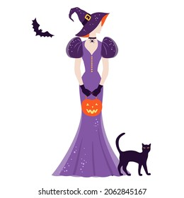 Girl in vintage Halloween costume of a witch,  in flat style, color vector illustration on white background.