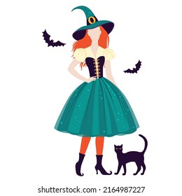 Girl In Vintage Halloween Costume Of A Witch,  In Flat Style, Color Vector Illustration On White Background.