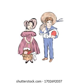 Girl in vintage style holds a basket with easter cake, eggs. Boy dressed in a sailor suit, straw hat keep a rabbit and red big egg. Hand drawn retro people. Brother and sister standing together. 