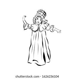 Girl In Vintage Style From The Nineteenth Century. Princess Dancing Dressed In Old-fashionable Long Dress. Coloring Page. 