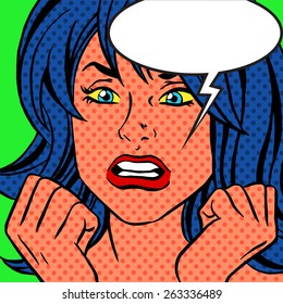 Girl in vintage style pop art with bubble for text. The woman yells. Retro comic book background