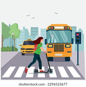 The girl violates the rules of the road and rides a scooter at a red traffic light on the roadway. Vector illustration.