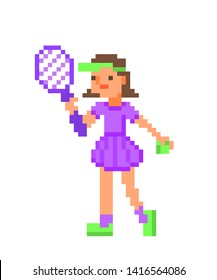 Girl in violet costume and green visor with a racket and a ball, 8 bit pixel art character icon isolated on white background. Female tennis player. Professional sportswoman.