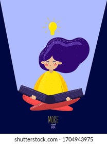 Girl with violet hair at night reads a big book on the floor. A light bulb over the girl’s head.  Magic light glows from the book.The book illuminates the girl. Cartoon flat vector stock illustration