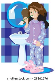 Girl in violet pyjamas cleans teeth
