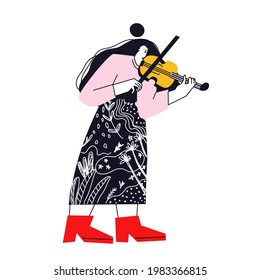 Girl with a violin. Classical and rock music, performances by musicians and singers. Summer fun. Vector flat. Symphony Orchestra Classical Music Concert