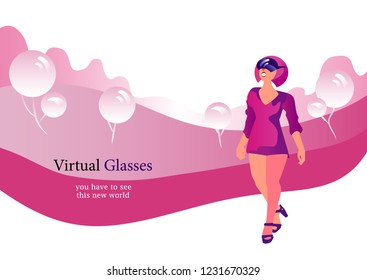 Girl with virtual glasses. Virtual landscape. Pink color. Vector.