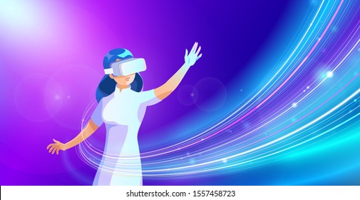 Girl in virtual glasses in Virtual Reality abstract space vector illustration Ultraviolet style. Digital data stream concept.