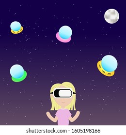 Girl in virtual reality glasses against the background of the starry sky. Vector.