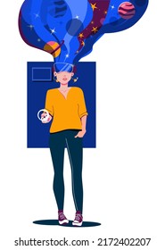 A girl in virtual reality glasses with a controller in her hands is exploring space. Virtual lesson of astronomy. Metaverse. Vector illustration in cartoon style isolated on a white background.