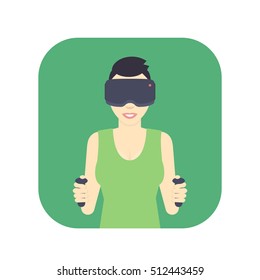 girl in virtual reality glasses, flat style female character, smiling gal with short haircut, vector illustration