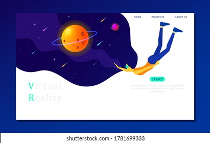 girl in virtual reality glasses flies into space among the planets, web page