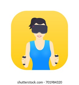 girl in virtual reality glasses, smiling gal playing videogame, female character in flat style