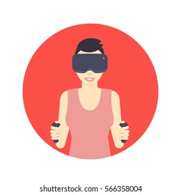 girl in virtual reality glasses, vr headset, flat style female character, smiling girl with short haircut