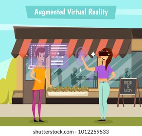 Girl in virtual reality headset during identification of young man, scene on cafe background orthogonal vector illustration