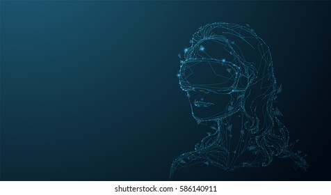 Girl in Virtual Reality Helmet. Drawn low poly vector illustration, polygonal concept. Woman in VR glasses for future, Interface technology, user experience. Futuristic gaming element.
