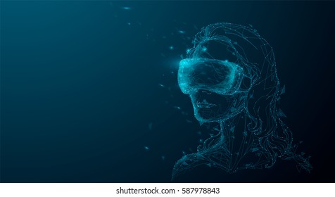 Girl in Virtual Reality Helmet. Drawn low poly vector illustration, polygonal concept. Woman in VR glasses for future, Interface technology, user experience. Futuristic gaming element.