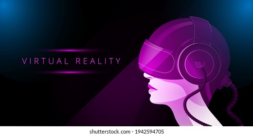 A girl in a virtual reality helmet. Vector illustration in neon colors. Template for a horizontal banner.