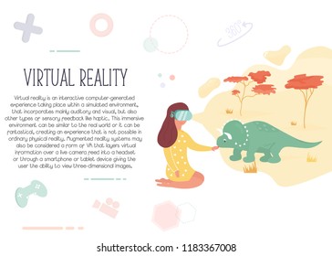 Girl in virtual reality meeting dinosaur. Augmented reality concept. Future technology