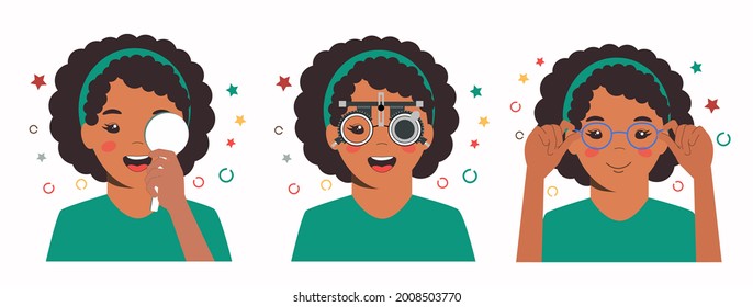 Girl vision checkup in ophthalmological clinic. Optometrist checking kid eyesight with spectacles medical equipment. Set. Glasses lens selection. Flat cartoon character illustration