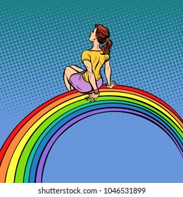 The girl visionary young woman sitting on a rainbow. Pop art retro vector illustration comic cartoon vintage kitsch drawing