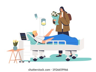 Girl Visiting Patient In Hospital. Sick Man Lying On Hospital Bed In Clinic Room With Female Visitor Holding Flowers. Cartoon Flat Vector Illustration