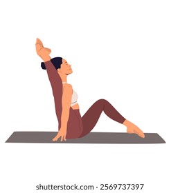 Girl in Visvamitrasana pose. Woman exercising in sitting yoga asana. Flexible female in stretching longitudinal twine posture. Vector illustration isolated on white background