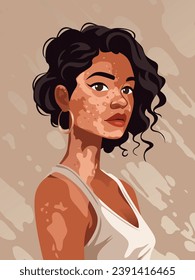 Ein Mädchen mit Vitiligo auf Gesicht und Körper. Porträt eines afrikanischen oder afroamerikanischen Mädchens. Flache Vektorgrafik.