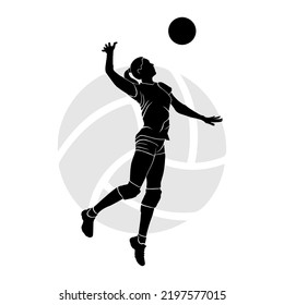 Girl volleyball player jumping and hitting the ball. Silhouette art