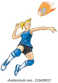 Girl volleyball player jumping to spike an incoming serve that looks like a fireball. This vector clip art illustration is built in layers for easy editing. Ball is on a separate layer.
